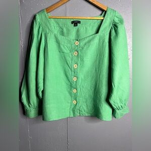 J.Crew 100% Linen Blouse Square Neck  Balloon Sleeve Button Front Green Size XL